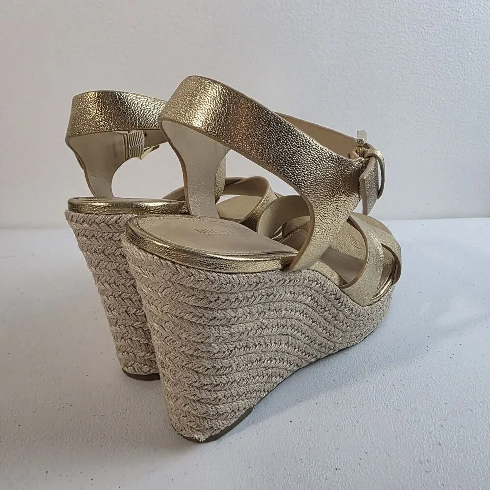 Michael Kors Espadrille Sandals Size 8.5 Platform Gold Leather Giovanna 5